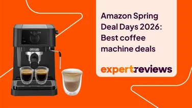 The Delonghi Stilosa espresso machine against an orange background. A title to the right hand side reads "Amazon Spring Deal Days 2026: Best coffee machine deals"