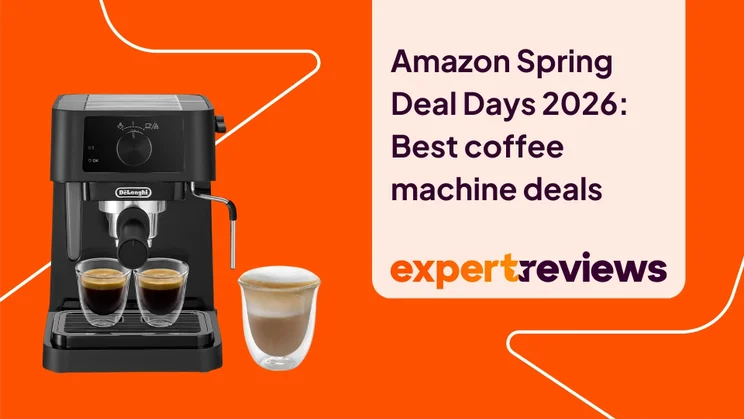 The Delonghi Stilosa espresso machine against an orange background. A title to the right hand side reads "Amazon Spring Deal Days 2026: Best coffee machine deals"