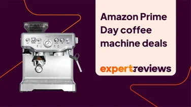 The Sage Barista Express coffee machine on a purple background. A title card to the right hand side reads "Prime Day coffee machine deals"