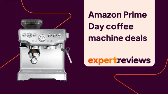 The Sage Barista Express coffee machine on a purple background. A title card to the right hand side reads "Prime Day coffee machine deals"