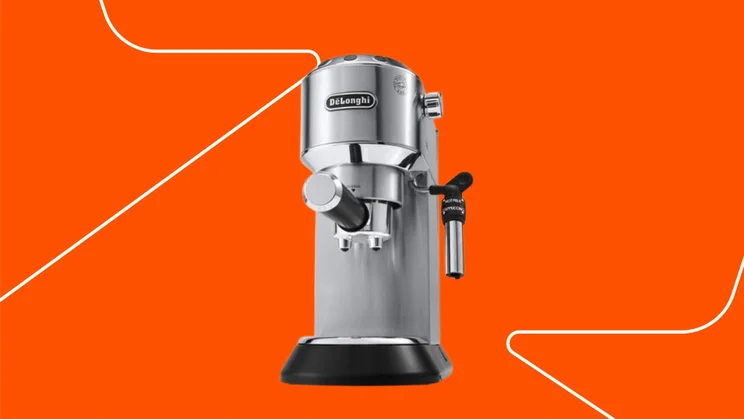 The De'Longhi Dedica Style espresso machine on an orange background