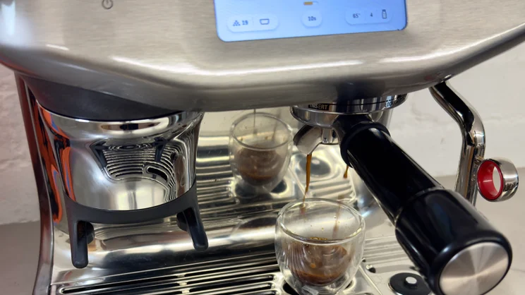 The Sage Barista Touch Impress brewing a double espresso