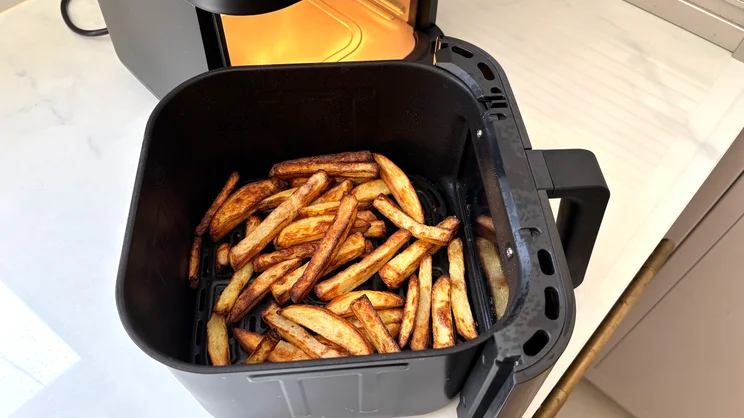 Cooked chips inside the drawer of the Instant Pot Vortex Compact 5L air fryer