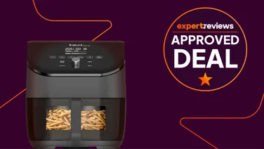 The Instant Vortex Plus air fryer on a purple background, alongside a badge reading "Expert Reviews Approved Deal"