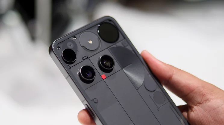 Nothing Phone 3 in hand, showing the rear cameras and Glyph Matrix