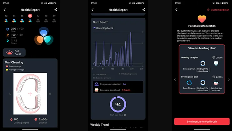 Three screenshots of the Oclean showing, from left to right: a health report with a jaw diagram, a health report showing a brushing force graph, a customised brushing plan