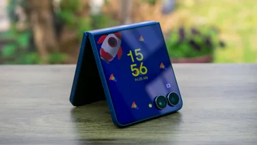 Samsung Galaxy Z Flip 7, folded in tent mode, with the cover screen on