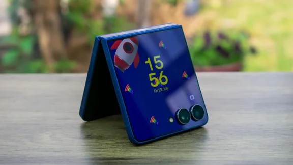Samsung Galaxy Z Flip 7, folded in tent mode, with the cover screen on
