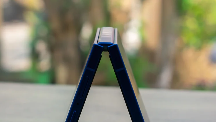 Samsung Galaxy Z Flip 7 folded in tent mode, close up of the hinge