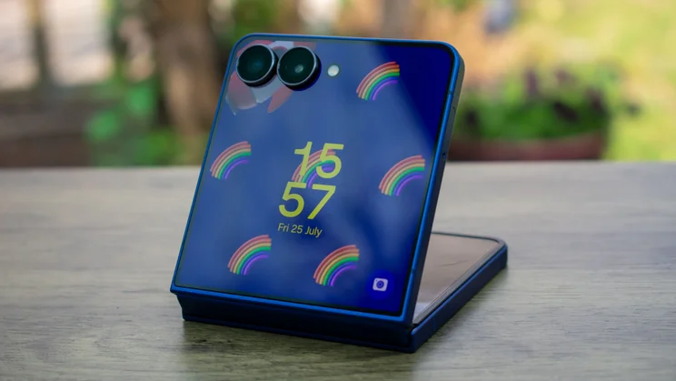 Samsung Galaxy Z Flip 7 folded in stand mode, with the cover screen on