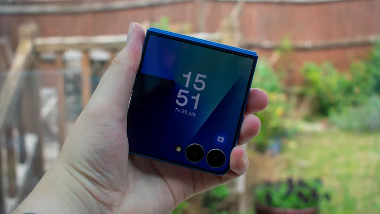 Samsung Galaxy Z Flip 7 folded in hand with the cover screen on