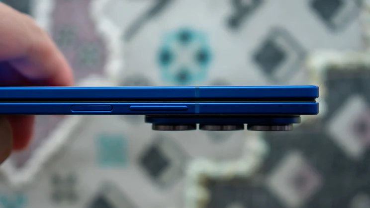 Samsung Galaxy Z Fold 7 folded in hand, showing the power and volume controls