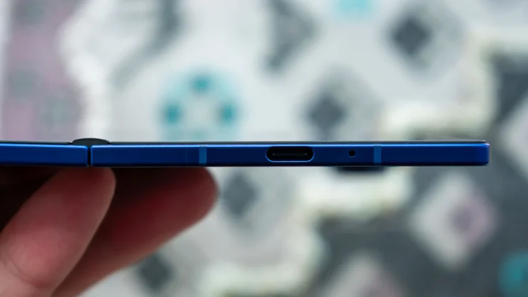 Samsung Galaxy Z Fold 7 unfolded, close up of the charging port