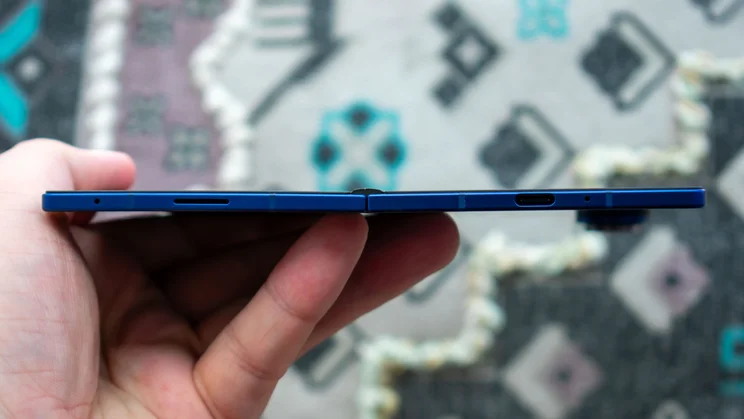 Samsung Galaxy Z Fold 7 unfolded in hand, showing the bottom edge