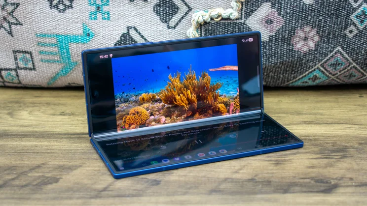 Samsung Galaxy Z Fold 7 folded to 90 degrees, showing an underwater scene on the top display