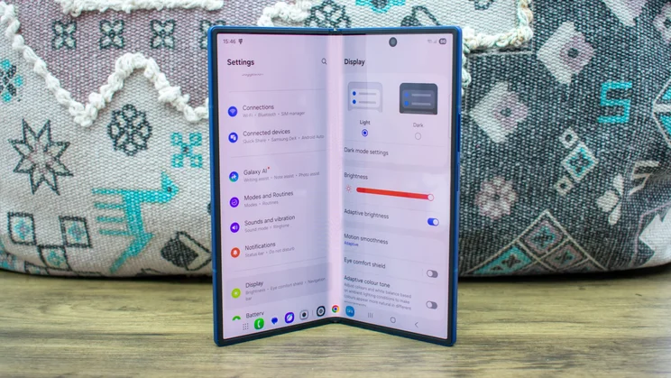 Samsung Galaxy Z Fold 7 half folded, showing the settings on the internal display