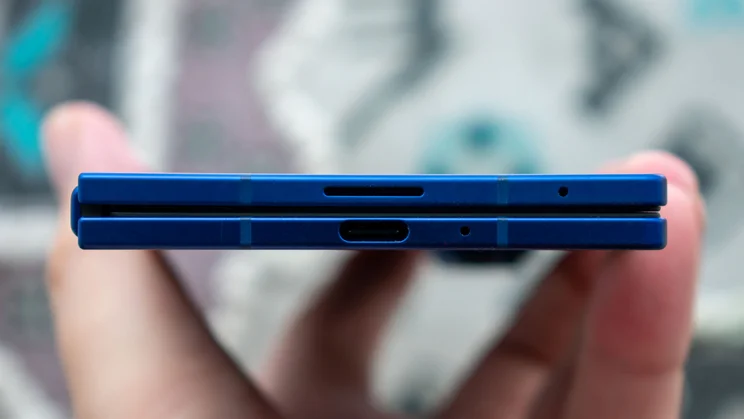 Samsung Galaxy Z Fold 7 folded in hand, showing the bottom edge and charging port