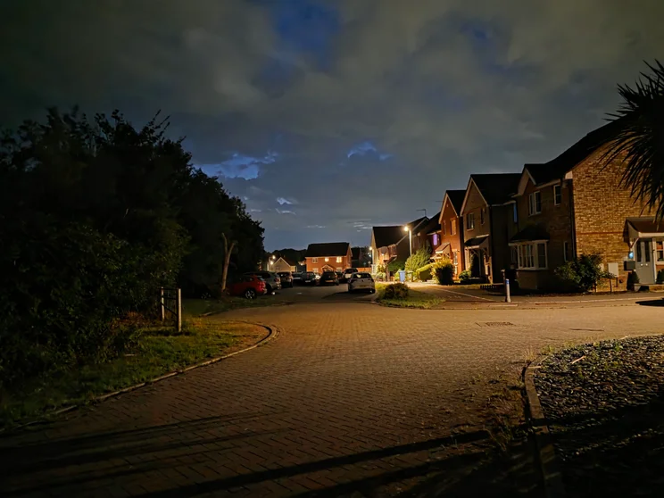 A quiet close of houses at night