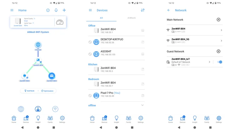 Screenshots from the Asus Router Android app showing the home page, network and devices