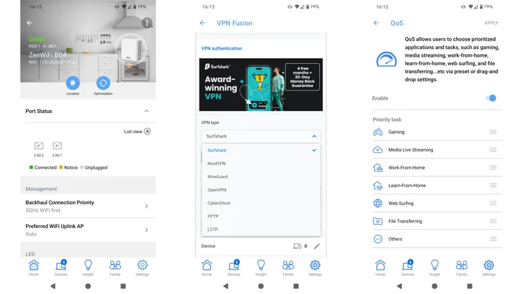 Screenshots from the Asus Router Android app showing port status, VPN fusion and QoS