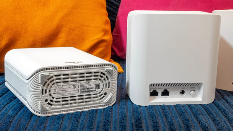 Rear view of the the Asus ZenWiFi BD4 mesh system showing its connection ports and WPS button