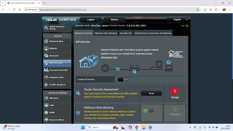 The AI protection page found on the the Asus ZenWiFi BD4 mesh system's web portal