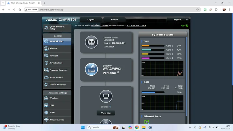 The main page found on the the Asus ZenWiFi BD4 mesh system's web portal