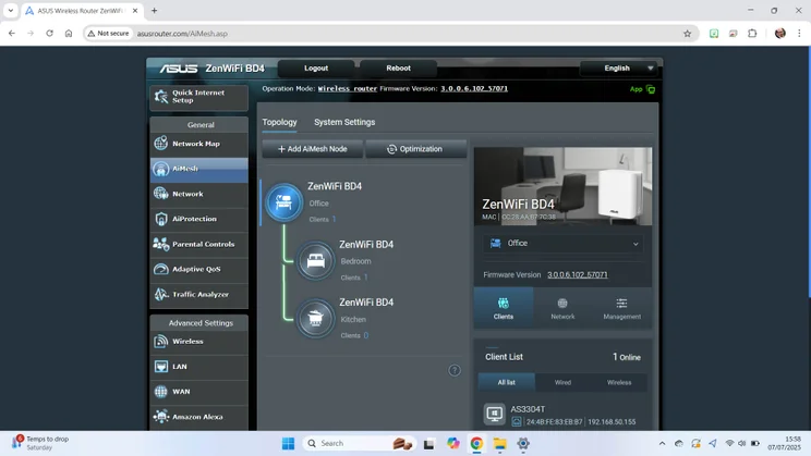 The system settings page found on the the Asus ZenWiFi BD4 mesh system's web portal