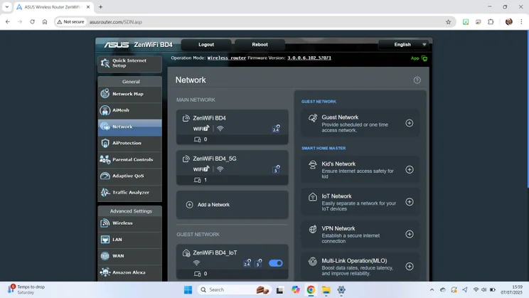 The network page found on the the Asus ZenWiFi BD4 mesh system's web portal