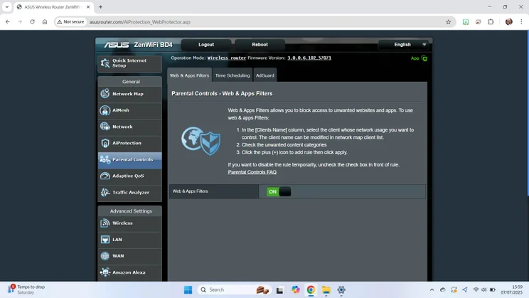 The parental controls page found on the the Asus ZenWiFi BD4 mesh system's web portal