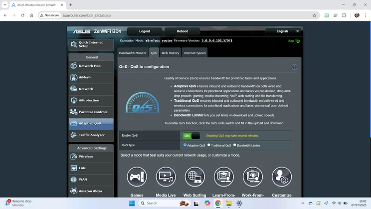 The QoS page found on the the Asus ZenWiFi BD4 mesh system's web portal