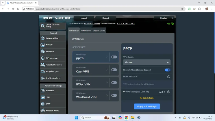 The VPN server page found on the the Asus ZenWiFi BD4 mesh system's web portal
