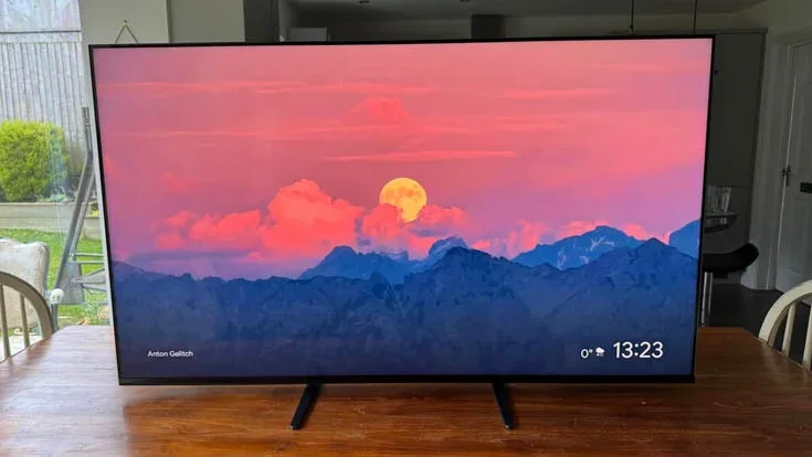 The Sony Bravia 7 TV on a wooden table in a kitchen