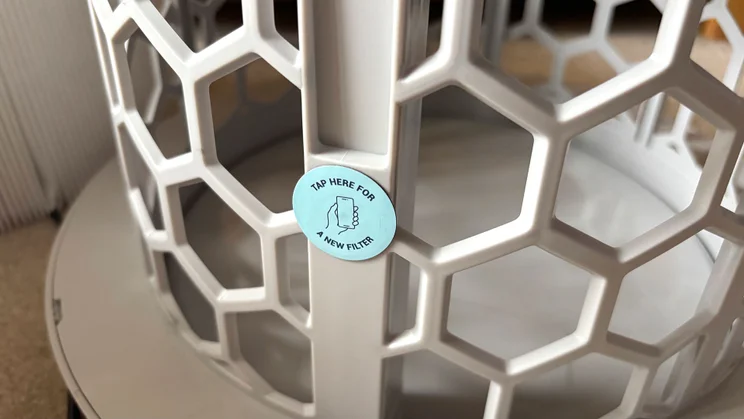 A closeup of the Blueair Signature air purifier's NFC tag for replacement filters
