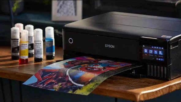 The Epson EcoTank ET-8550 printing out a colour print
