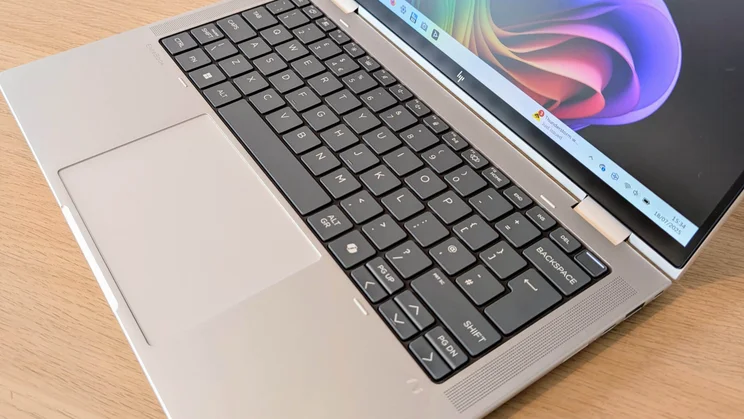 The keyboard and bottom section of the display of the HP EliteBook X Flip G1i convertible laptop