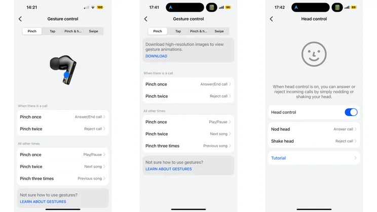 Three screenshots of the Huawei AI Life app showing the Gesture and Head Control options