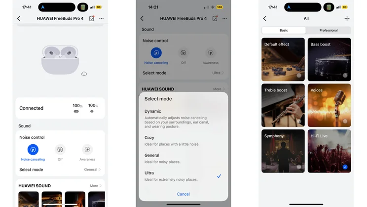Three screenshots of the Huawei AI Life app showing the home page, EQ options and ANC settings