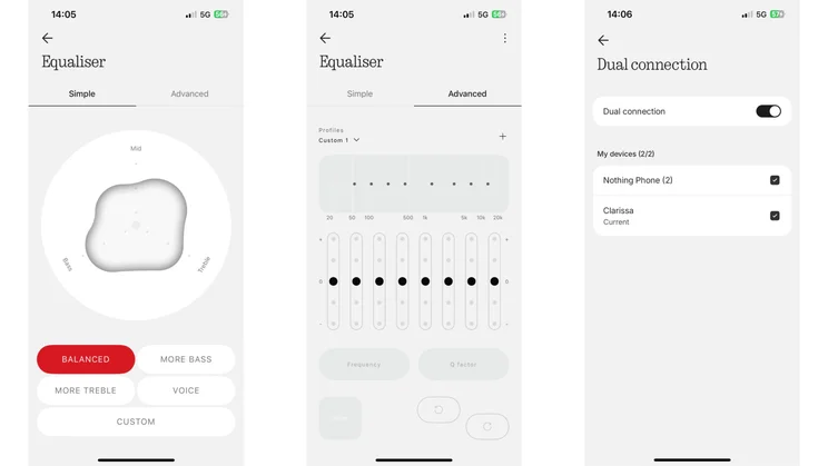 Three screenshots from the Nothing X app showing the Equaliser and Dual Connections settings