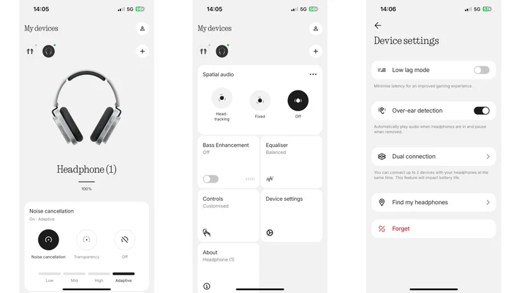 Three screenshots from the Nothing X app showing the homepage, My Devices and Device Settings