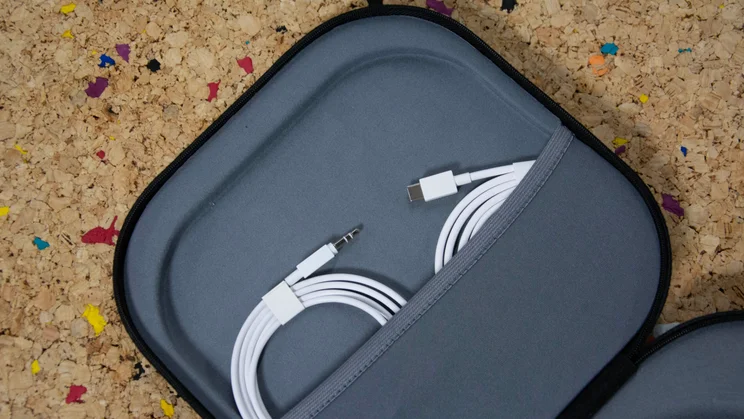 The USB-C to USB-C and 3.5mm to 3.5mm cables including with the Nothing Headphone (1) in the pound of the carrying case