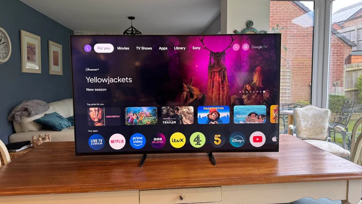 Front view of the Sony Bravia 9 Mini LED TV displaying the Google TV home page