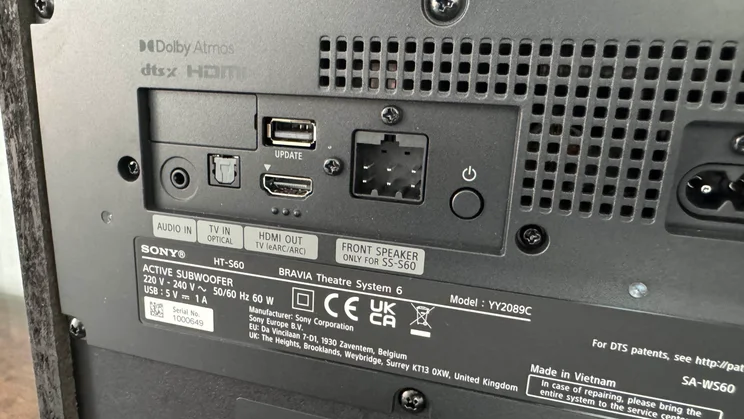 The connection ports on the rear of the soundbar component of the Sony Bravia Theatre System 6