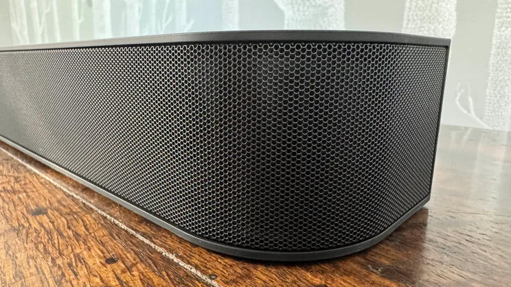 Close-up of the black speaker grille on the corner of the main soundbar component of the Sony Bravia Theatre System 6