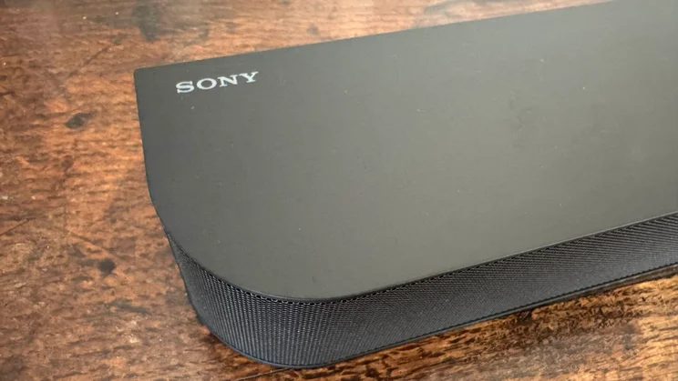The Sony logo on the top of the main soundbar component of the Sony Bravia Theatre System 6