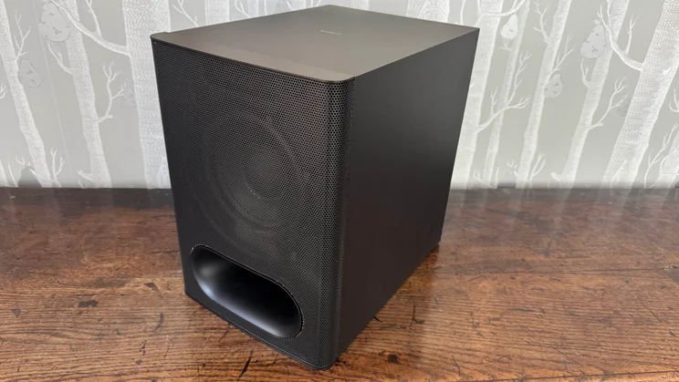 Angled view of the subwoofer component of the Sony Bravia Theatre System 6