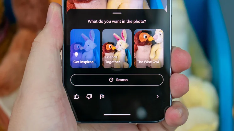 Google Pixel 10 Pro in hand, showing the camera coach feature on the display