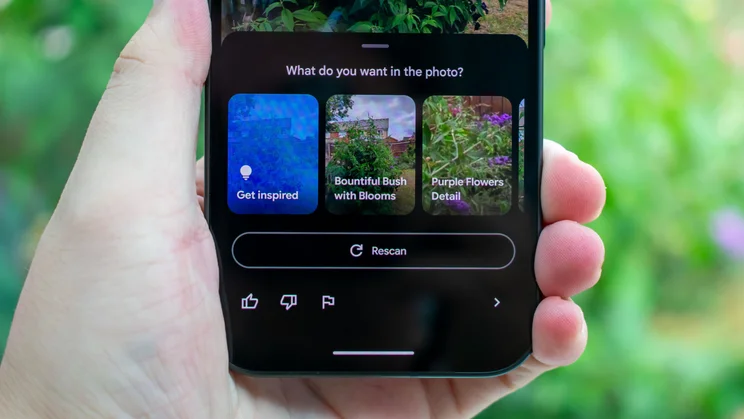 Google Pixel 10 in hand, with the camera app on the display