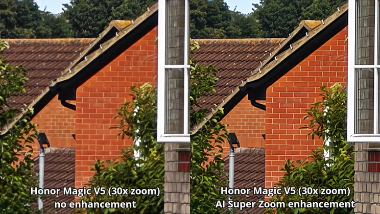 Zoom comparison showing AI enhancements on an image of a house
