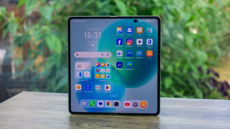 Honor Magic V5 unfolded, front view with the display on